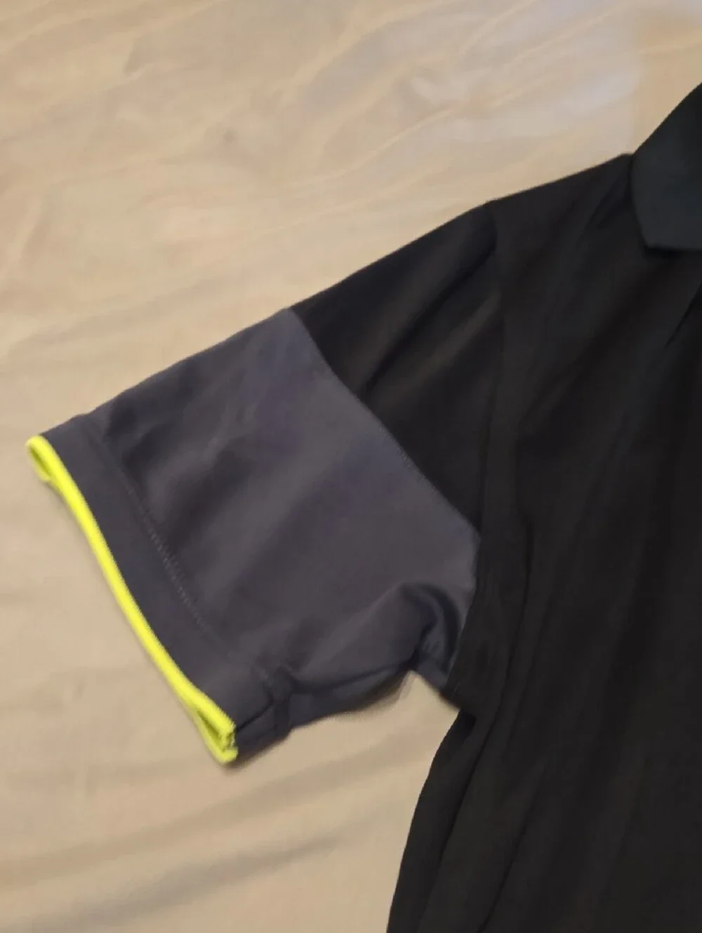 Nike Men's Black Polo with Grey Sleeves and Neon Yellow Trim
